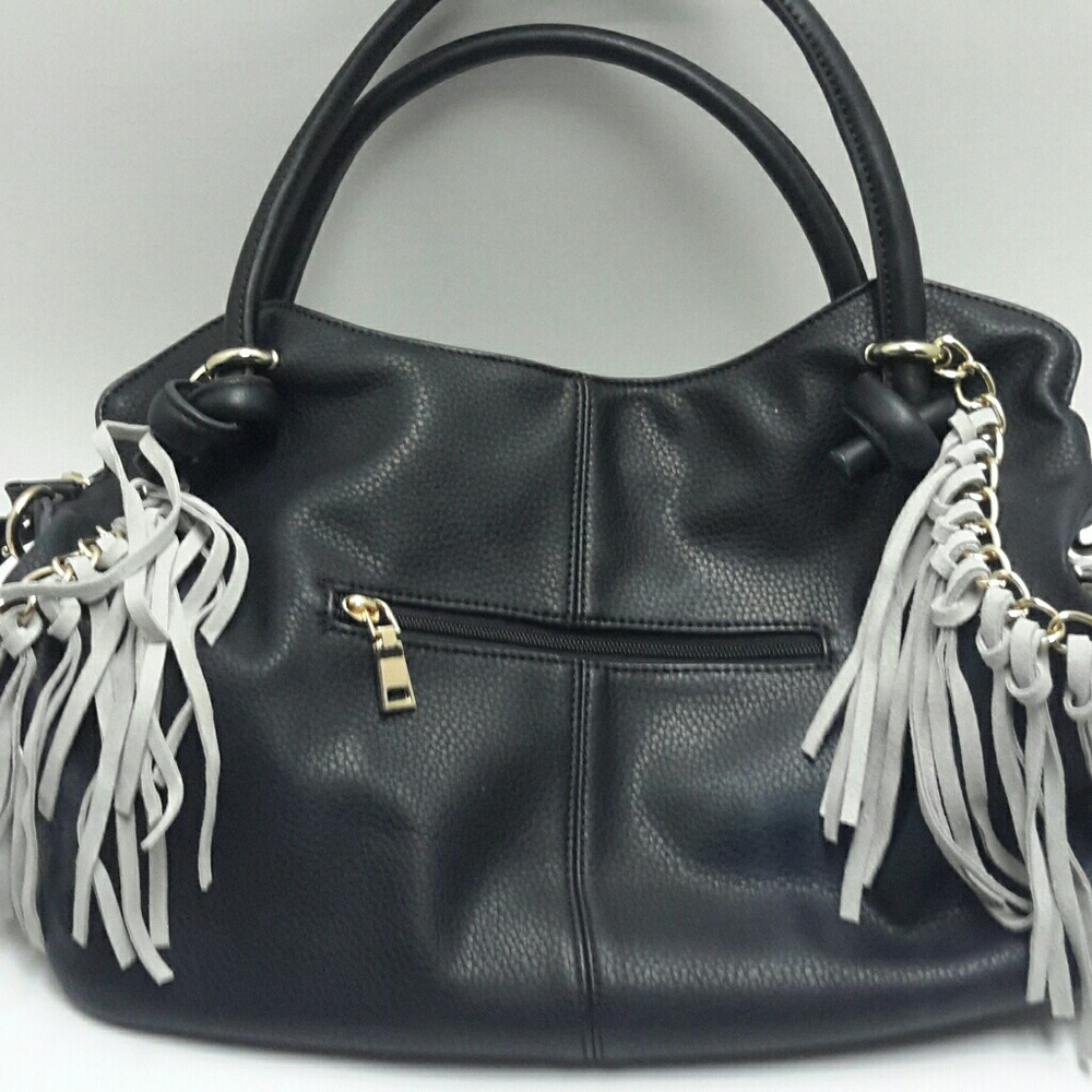 BLACK FAUX LEATHER with GRAY SUEDE GROMMET FRINGE